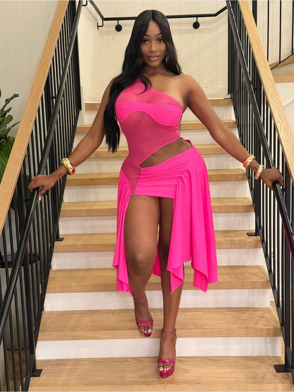 Hot Pink Asymmetric Cutout Sketch Y Revolve Dress